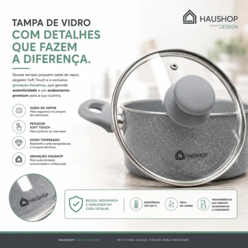 Jogo de Panelas Cerâmico Antiaderente 10 Peças Marmorizado Haushop (Cinza) - Imagem 5