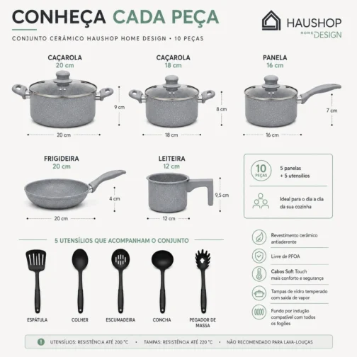 Jogo de Panelas Cerâmico Antiaderente 10 Peças Marmorizado Haushop (Cinza) - Imagem 8