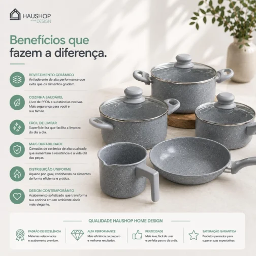 Jogo de Panelas Cerâmico Antiaderente 10 Peças Marmorizado Haushop (Cinza) - Imagem 9