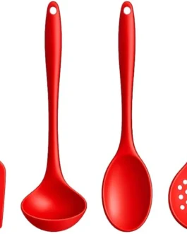 Kit 4 Utensílios de Cozinha em Silicone Premium Colher, Espátula, Concha e Escumadeira Resistente ao Calor Antiderrapante Fácil de Limpar Não Risca FONSES (Vermelha)