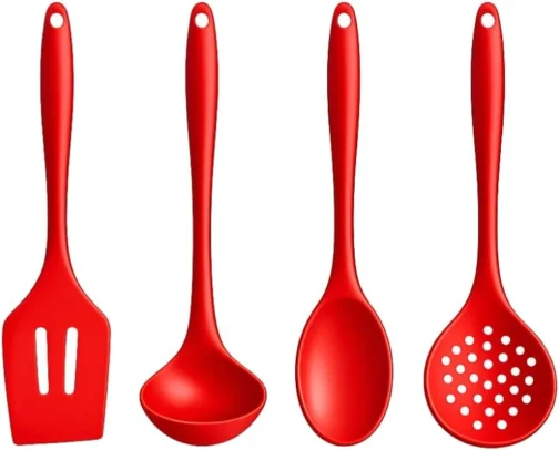 Kit 4 Utensílios de Cozinha em Silicone Premium Colher, Espátula, Concha e Escumadeira Resistente ao Calor Antiderrapante Fácil de Limpar Não Risca FONSES (Vermelha) - Imagem 2