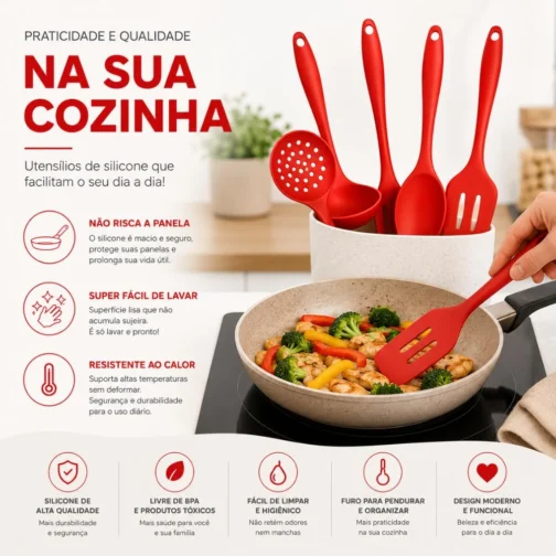 Kit 4 Utensílios de Cozinha em Silicone Premium Colher, Espátula, Concha e Escumadeira Resistente ao Calor Antiderrapante Fácil de Limpar Não Risca FONSES (Vermelha) - Imagem 3