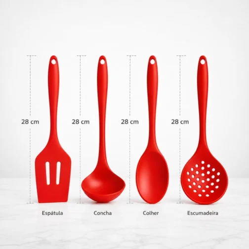 Kit 4 Utensílios de Cozinha em Silicone Premium Colher, Espátula, Concha e Escumadeira Resistente ao Calor Antiderrapante Fácil de Limpar Não Risca FONSES (Vermelha) - Imagem 4
