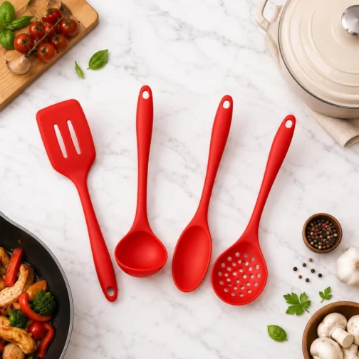 Kit 4 Utensílios de Cozinha em Silicone Premium Colher, Espátula, Concha e Escumadeira Resistente ao Calor Antiderrapante Fácil de Limpar Não Risca FONSES (Vermelha) - Imagem 5