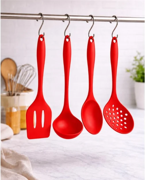 Kit 4 Utensílios de Cozinha em Silicone Premium Colher, Espátula, Concha e Escumadeira Resistente ao Calor Antiderrapante Fácil de Limpar Não Risca FONSES (Vermelha) - Imagem 6