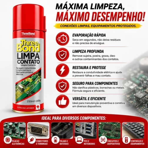 Limpa Contato Elétrico ThreeBond 250ml Spray | Evaporação Rápida | Ideal para Eletrônicos Placas, Conectores, Circuitos, Pilhas, PC, Baterias - Imagem 3