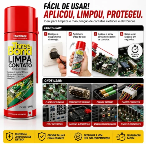 Limpa Contato Elétrico ThreeBond 250ml Spray | Evaporação Rápida | Ideal para Eletrônicos Placas, Conectores, Circuitos, Pilhas, PC, Baterias - Imagem 4