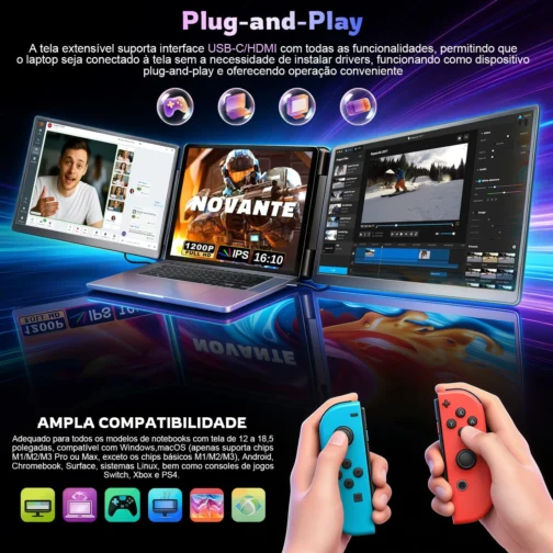 Monitor Duplo Portátil para Notebook 15.6" - Expansor de Telas Triplo com Design 360°, Tela IPS FHD 1080p 60Hz, Baixa Luz Azul, Compatível com Windows/Mac/Switch (Cabos Inclusos) - Imagem 4
