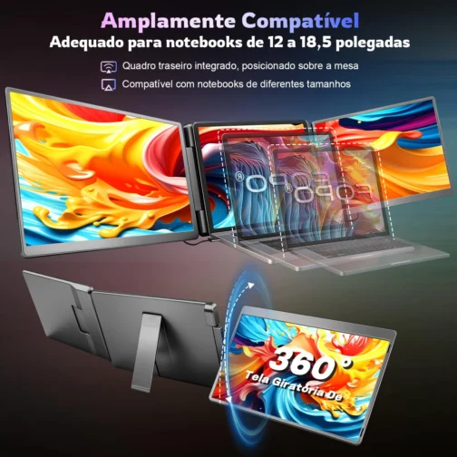 Monitor Duplo Portátil para Notebook 15.6" - Expansor de Telas Triplo com Design 360°, Tela IPS FHD 1080p 60Hz, Baixa Luz Azul, Compatível com Windows/Mac/Switch (Cabos Inclusos) - Imagem 6