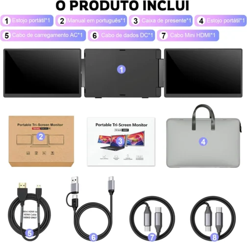 Monitor Duplo Portátil para Notebook 15.6" - Expansor de Telas Triplo com Design 360°, Tela IPS FHD 1080p 60Hz, Baixa Luz Azul, Compatível com Windows/Mac/Switch (Cabos Inclusos) - Imagem 9