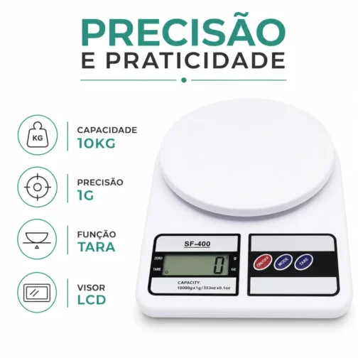 Balança Digital de Cozinha SF-400, Alta Capacidade 10kg – Precisão 1g para Receitas, Dieta Fitness e Confeitaria com Função Tara, Visor LCD e Pesagem g/oz – Branca - Imagem 3