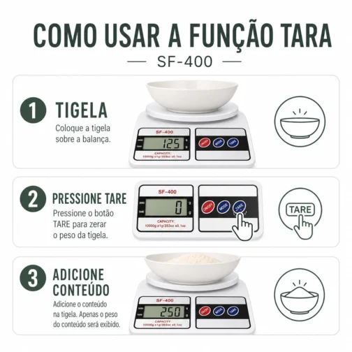 Balança Digital de Cozinha SF-400, Alta Capacidade 10kg – Precisão 1g para Receitas, Dieta Fitness e Confeitaria com Função Tara, Visor LCD e Pesagem g/oz – Branca - Imagem 4