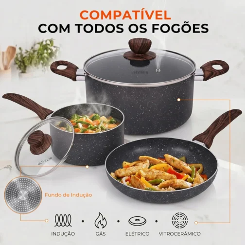 Jogo de Panelas Cerâmica Antiaderente Indução 8 Peças, Conjunto Resistente, Fácil de Limpar, Preto - Imagem 6