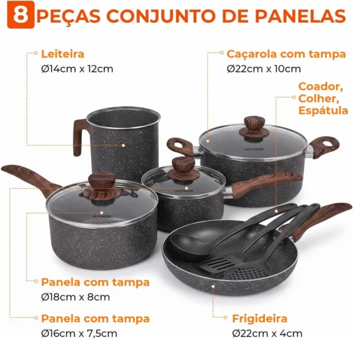 Jogo de Panelas Cerâmica Antiaderente Indução 8 Peças, Conjunto Resistente, Fácil de Limpar, Preto - Imagem 7