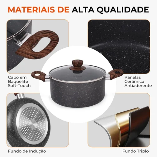 Jogo de Panelas Cerâmica Antiaderente Indução 8 Peças, Conjunto Resistente, Fácil de Limpar, Preto - Imagem 9
