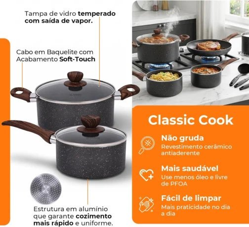 Jogo de Panelas Cerâmica Antiaderente Indução 8 Peças, Conjunto Resistente, Fácil de Limpar, Preto - Imagem 10