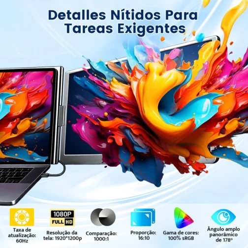 Expansor Triplo p/Notebook 12-18.5", 3 Telas IPS 15.6" Full HD, USB-C Vídeo+Energia, Plug-and-Play, 4 Telas com Design Dobrável, Ideal para Programadores e Home Office - Imagem 3