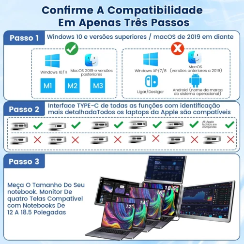 Expansor Triplo p/Notebook 12-18.5", 3 Telas IPS 15.6" Full HD, USB-C Vídeo+Energia, Plug-and-Play, 4 Telas com Design Dobrável, Ideal para Programadores e Home Office - Imagem 4