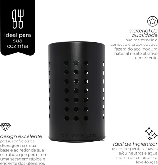 Mimo Style, Porta Talher Utensílios de Cozinha Onix, Aço Inox - Preto - Imagem 3
