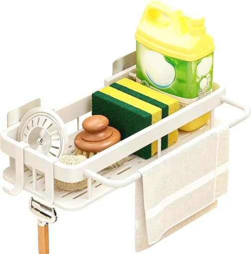 BMOX Organizador de Cozinha Sem Furo para Pia, Suporte Multifuncional com Drenagem Rápida e Acabamento Antiferrugem, Porta Esponja, Sabão e Pano de Prato, Instalação Fácil (Branco) - Imagem 2