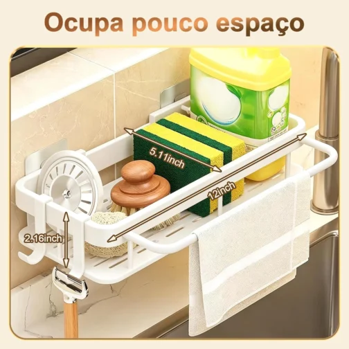 BMOX Organizador de Cozinha Sem Furo para Pia, Suporte Multifuncional com Drenagem Rápida e Acabamento Antiferrugem, Porta Esponja, Sabão e Pano de Prato, Instalação Fácil (Branco) - Imagem 3
