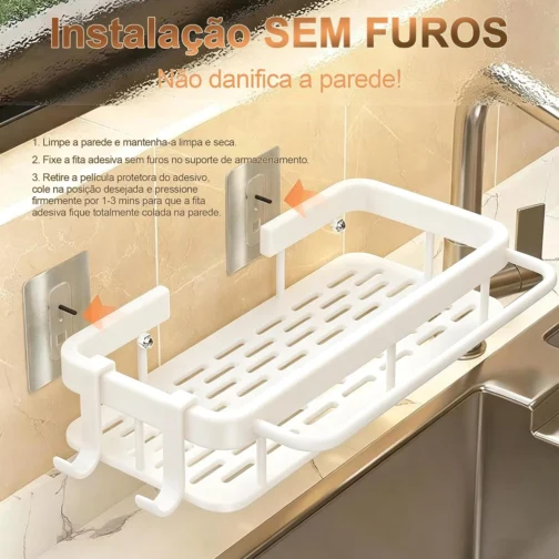 BMOX Organizador de Cozinha Sem Furo para Pia, Suporte Multifuncional com Drenagem Rápida e Acabamento Antiferrugem, Porta Esponja, Sabão e Pano de Prato, Instalação Fácil (Branco) - Imagem 4
