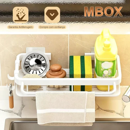 BMOX Organizador de Cozinha Sem Furo para Pia, Suporte Multifuncional com Drenagem Rápida e Acabamento Antiferrugem, Porta Esponja, Sabão e Pano de Prato, Instalação Fácil (Branco) - Imagem 9