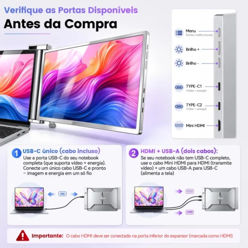 Monitor Portátil Duplo 15.6" FHD IPS USB-C HDMI para Notebook - Imagem 6