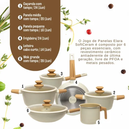 Jogo De Panelas Antiaderente Revestimento Cerâmico 4,5mm 6 Peças Elara Soft Ceram (Vanilla) - Imagem 4