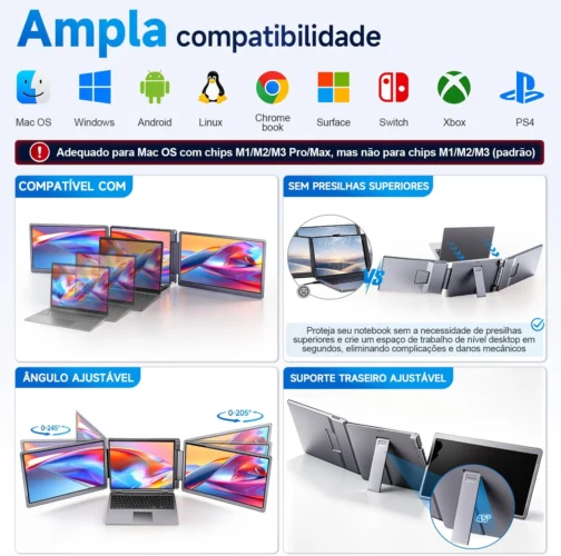 Monitor Portátil com Duas Telas 15,6", Painel IPS FHD 1080p a 60Hz, Tela Giratória 360°com USB-C e HDMI, Extensor de Tela para Notebook Compatível com Notebook, MacBook, Windows, macOS, Preto - Imagem 4