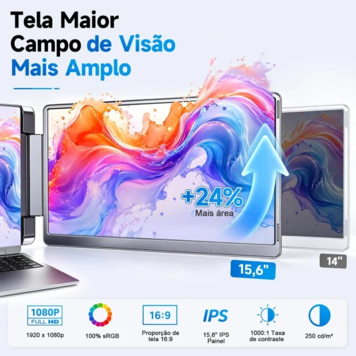 Monitor Portátil com Duas Telas 15,6", Painel IPS FHD 1080p a 60Hz, Tela Giratória 360°com USB-C e HDMI, Extensor de Tela para Notebook Compatível com Notebook, MacBook, Windows, macOS, Preto - Imagem 6