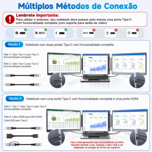 Monitor Portátil com Duas Telas 15,6", Painel IPS FHD 1080p a 60Hz, Tela Giratória 360°com USB-C e HDMI, Extensor de Tela para Notebook Compatível com Notebook, MacBook, Windows, macOS, Preto - Imagem 9