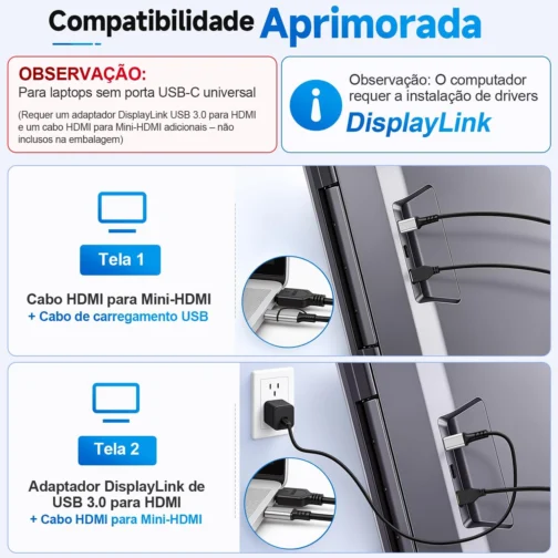 Monitor Portátil com Duas Telas 15,6", Painel IPS FHD 1080p a 60Hz, Tela Giratória 360°com USB-C e HDMI, Extensor de Tela para Notebook Compatível com Notebook, MacBook, Windows, macOS, Preto - Imagem 10