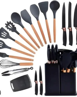 Utensilios Para Cozinha Silicone Kit 19 Peças Cabo Madeira Conjunto Completo Espátula Concha Colher Jogo Suporte Faca Antiaderente Tabua Tesoura Faqueiro PREMIUM (Preto)