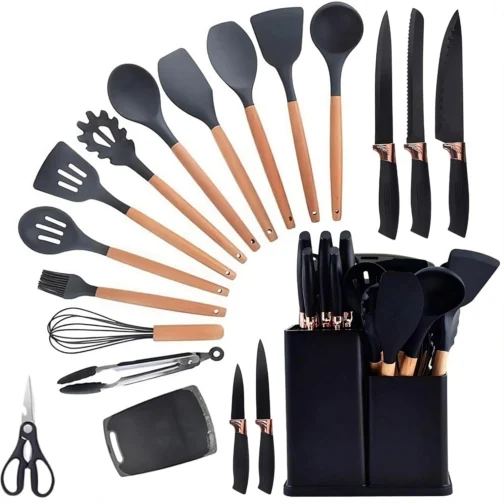 Utensilios Para Cozinha Silicone Kit 19 Peças Cabo Madeira Conjunto Completo Espátula Concha Colher Jogo Suporte Faca Antiaderente Tabua Tesoura Faqueiro PREMIUM (Preto) - Imagem 2