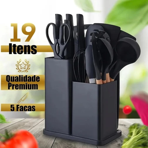 Utensilios Para Cozinha Silicone Kit 19 Peças Cabo Madeira Conjunto Completo Espátula Concha Colher Jogo Suporte Faca Antiaderente Tabua Tesoura Faqueiro PREMIUM (Preto) - Imagem 3