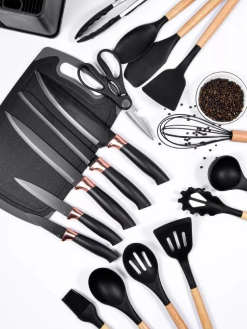 Utensilios Para Cozinha Silicone Kit 19 Peças Cabo Madeira Conjunto Completo Espátula Concha Colher Jogo Suporte Faca Antiaderente Tabua Tesoura Faqueiro PREMIUM (Preto) - Imagem 7