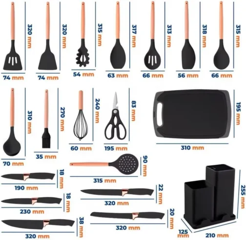 Utensilios Para Cozinha Silicone Kit 19 Peças Cabo Madeira Conjunto Completo Espátula Concha Colher Jogo Suporte Faca Antiaderente Tabua Tesoura Faqueiro PREMIUM (Preto) - Imagem 8