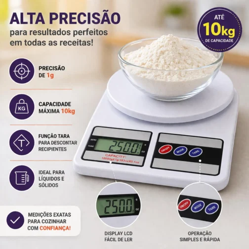 Balança Digital de Cozinha Alta Precisão 10kg x 1g com LCD Grande, Tara Automática, Desligamento Inteligente e Base Antiderrapante para Receitas, Dieta e Confeitaria - Imagem 4