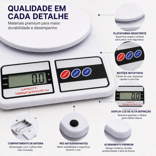 Balança Digital de Cozinha Alta Precisão 10kg x 1g com LCD Grande, Tara Automática, Desligamento Inteligente e Base Antiderrapante para Receitas, Dieta e Confeitaria - Imagem 5