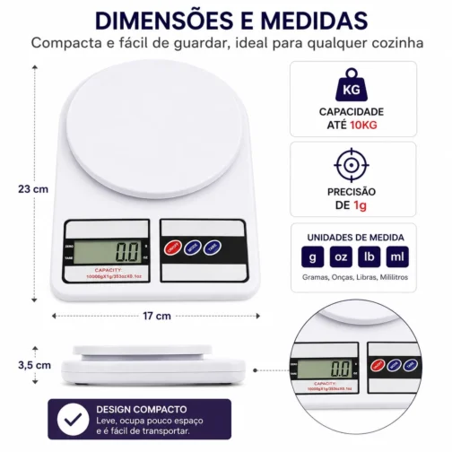 Balança Digital de Cozinha Alta Precisão 10kg x 1g com LCD Grande, Tara Automática, Desligamento Inteligente e Base Antiderrapante para Receitas, Dieta e Confeitaria - Imagem 8