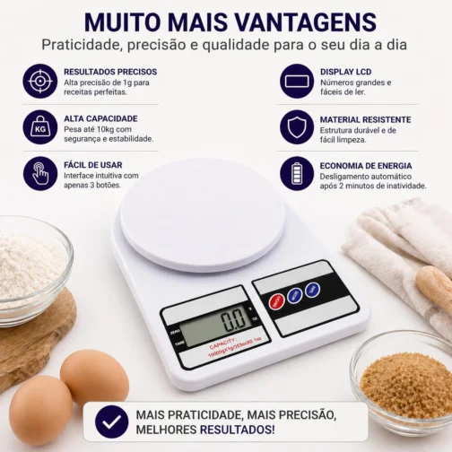 Balança Digital de Cozinha Alta Precisão 10kg x 1g com LCD Grande, Tara Automática, Desligamento Inteligente e Base Antiderrapante para Receitas, Dieta e Confeitaria - Imagem 9