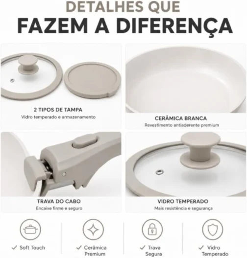 Jogo de Panelas 12 Peças Cerâmica Cabo Removível para Fogão por Indução - Imagem 4