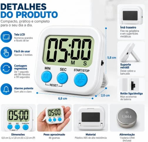 Timer Digital de Cozinha com Ímã – Cronômetro Programável com Alarme Sonoro e Display Grande – Cores Sortidas - Imagem 3
