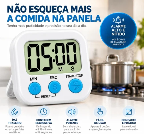 Timer Digital de Cozinha com Ímã – Cronômetro Programável com Alarme Sonoro e Display Grande – Cores Sortidas - Imagem 5