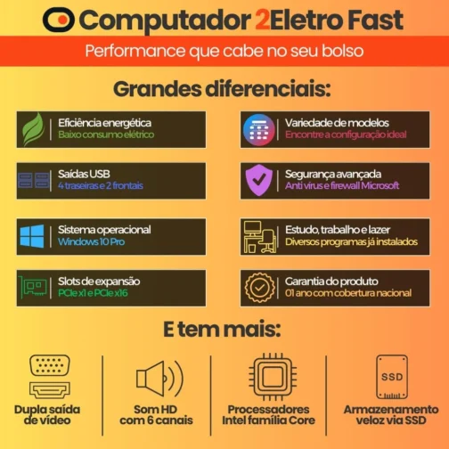 Computador 2Eletro Fast Intel Core i7, 16GB RAM, SSD 512GB, HDMI, Bivolt, Áudio HD - CD2E-0107FA - Imagem 4