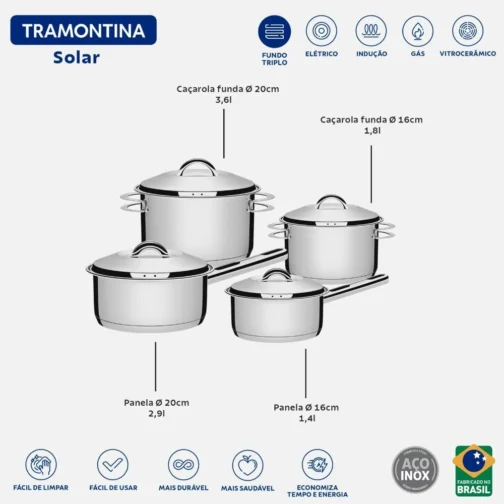 Jogo de Panelas Tramontina Aço Inox Solar 4 peças + Pegador de massa - Imagem 5