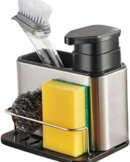 Dispenser 3 em 1 para Detergente com Porta Esponja e Escova em Aço Inox – Organizador de Pia com Reservatório para Sabão Líquido, Suporte Multifuncional para Cozinha Compacta