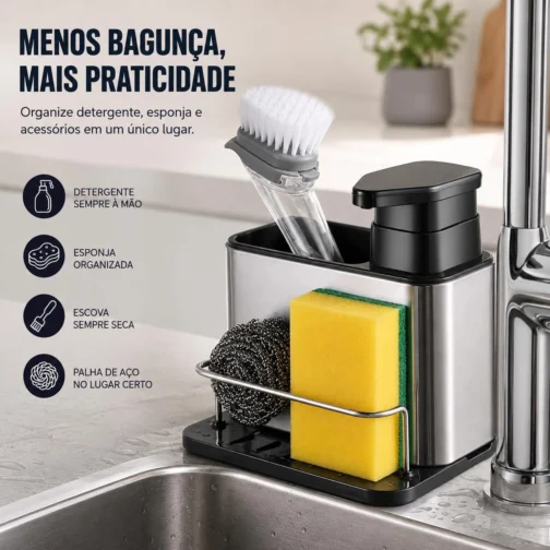 Dispenser 3 em 1 para Detergente com Porta Esponja e Escova em Aço Inox – Organizador de Pia com Reservatório para Sabão Líquido, Suporte Multifuncional para Cozinha Compacta - Imagem 2