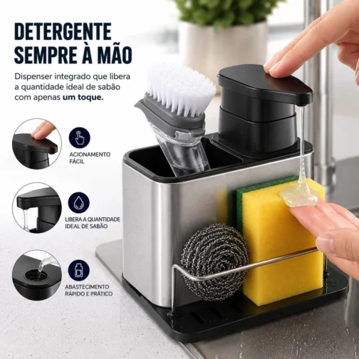 Dispenser 3 em 1 para Detergente com Porta Esponja e Escova em Aço Inox – Organizador de Pia com Reservatório para Sabão Líquido, Suporte Multifuncional para Cozinha Compacta - Imagem 3